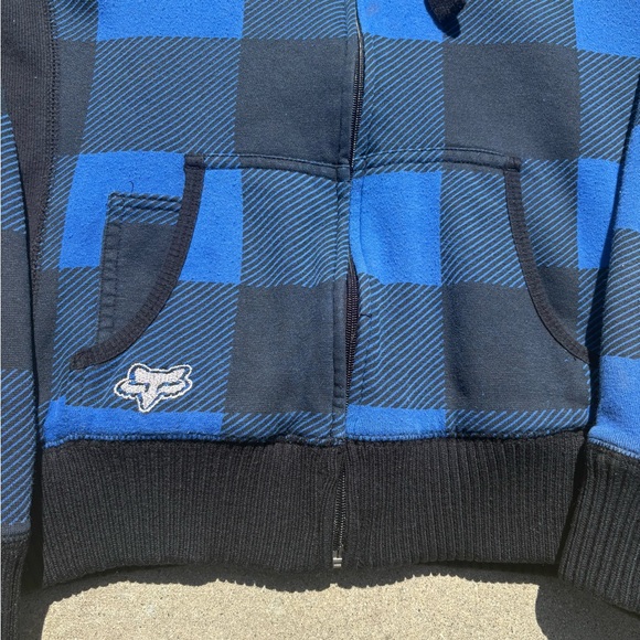 Y2K Vintage Fox Racing Blue & Black Plaid Sherpa-Lined Zip Up Hoodie - Picture 2 of 6